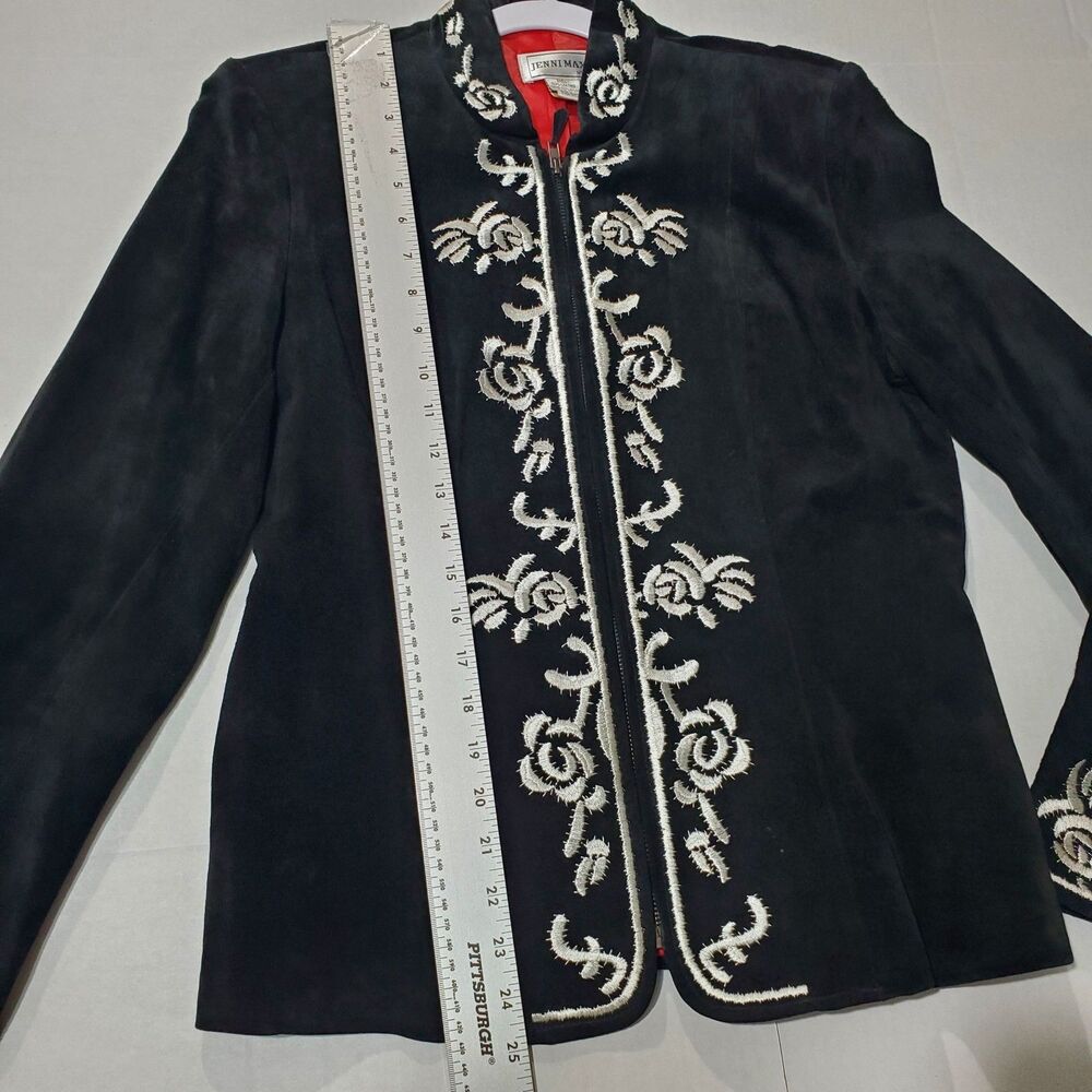 Vintage Suede Leather Black / White Floral Embroidered Zip Jacket , Size 12 - Picture 12 of 16